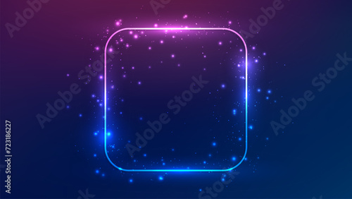 Neon rounded square frame with shining effects and sparkles