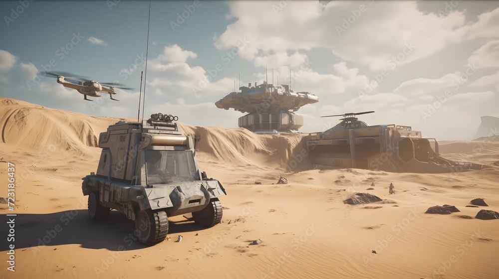 a squadron of soldiers patrolling with high-tech exoskeletons, advanced weaponry, and hovering drones a squadron of soldiers patrolling with high-tech exoskeletons, advanced weaponry, and hovering drones