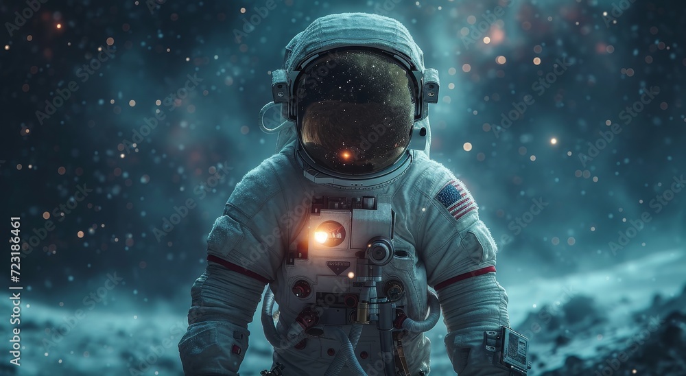 An astronaut gazes out into the vastness of space, clad in a pressure suit that serves as their protective shield against the harsh outdoor environment