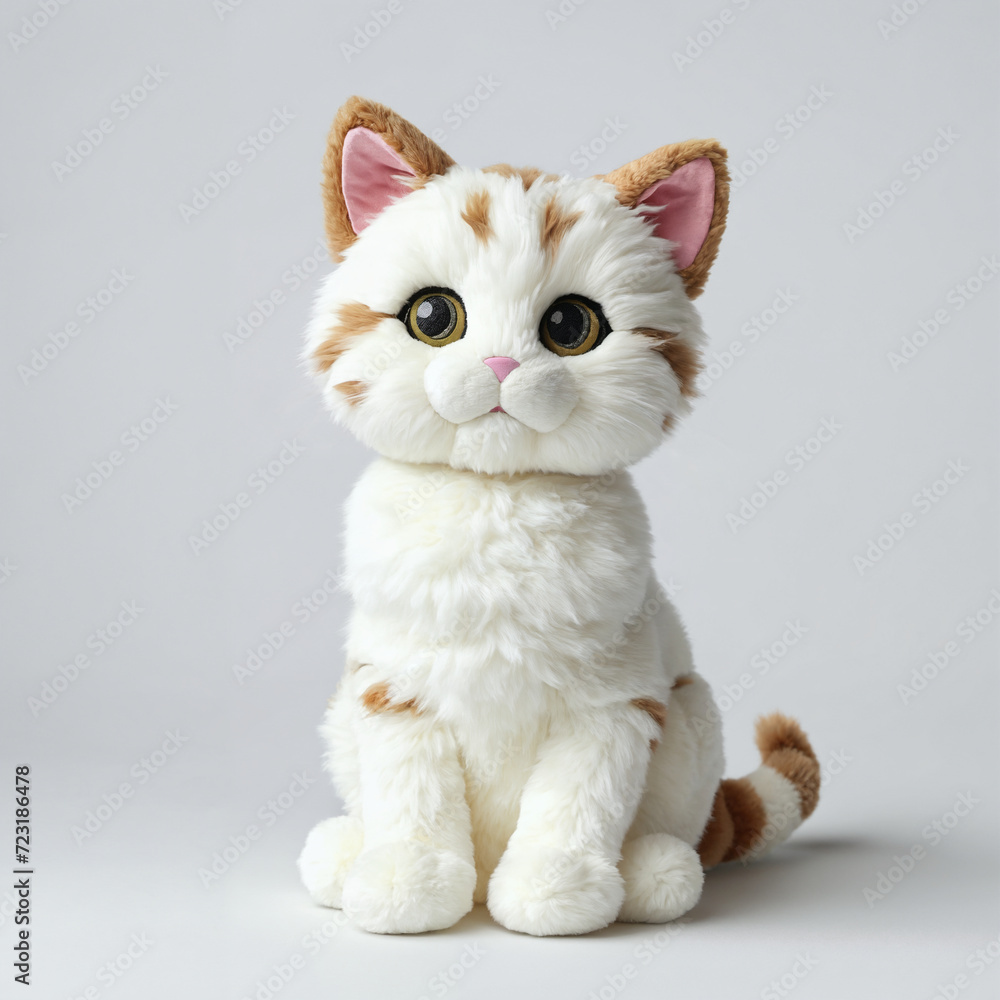 Fototapeta premium Cute Cat doll Stuffed Animal plush Toy Model Design, 3D render, Al Enhanced