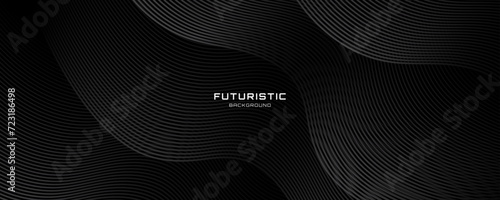 3D black geometric abstract background overlap layer on dark space with waves lines decoration. Minimalist modern graphic design element cutout style concept for banner, flyer, card, or brochure cover