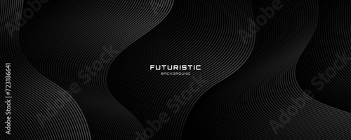 3D black geometric abstract background overlap layer on dark space with waves lines decoration. Minimalist modern graphic design element cutout style concept for banner, flyer, card, or brochure cover