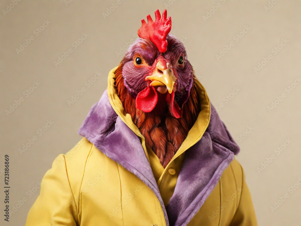 Fashionable rooster, hen in a yellow-violet jacket on a purple background