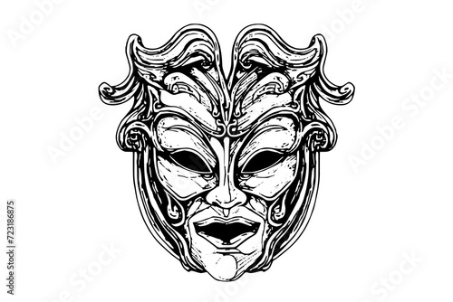 Black carnival mask sketch in vintage style. Vector Hand drawn engraved icon illustration.