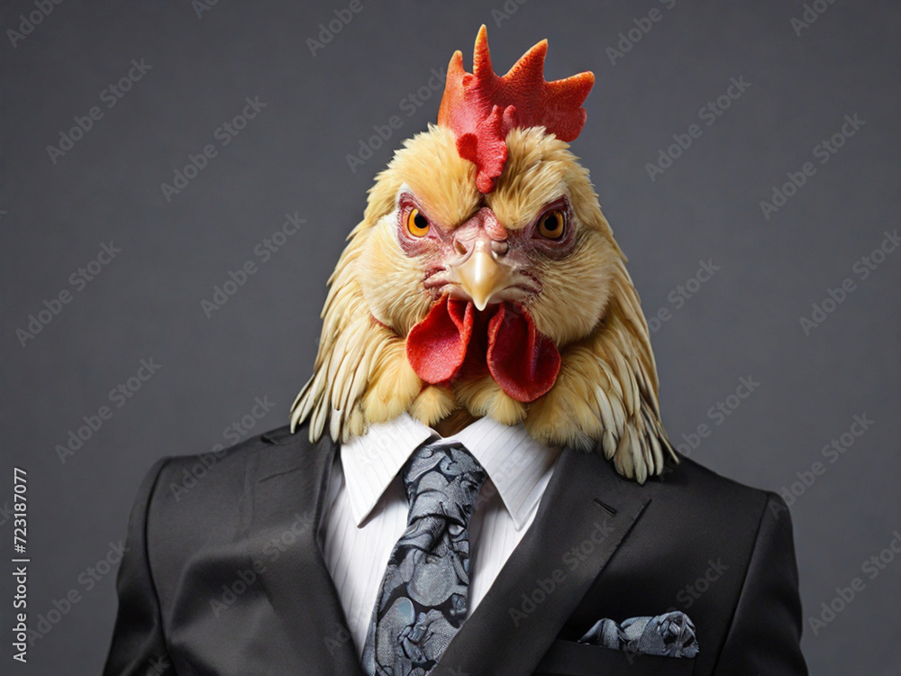 Business rooster boss in a business suit with a tie on a dark background