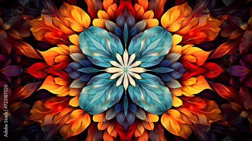 Symmetrical kaleidoscopic arrangements in bold and 00701 01,, Fabric pattern repeating bright colorful design. Pro Photo 