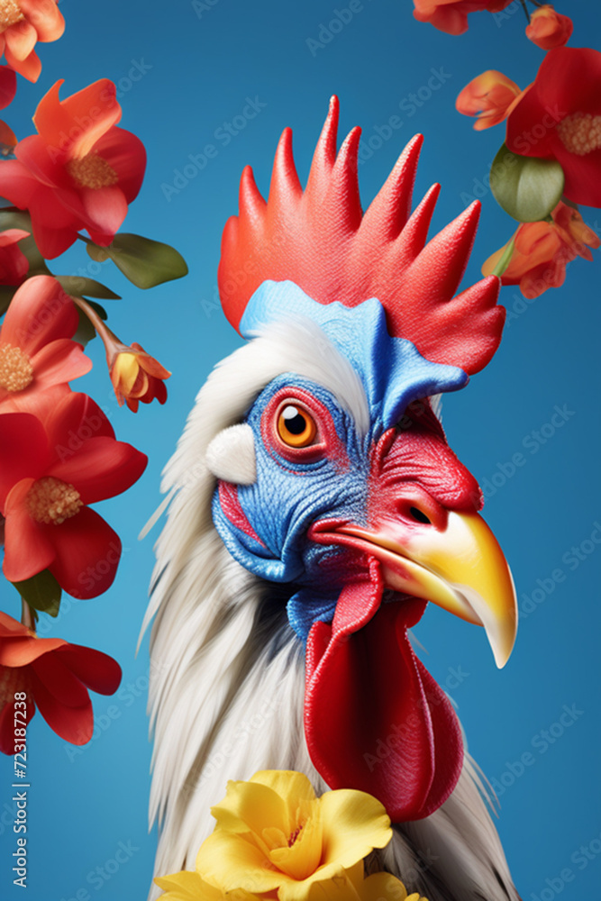 A funny rooster with blue feathers in a multi-colored jacket, on a blue background with flowers. design for printing t-shirts, mugs, covers, etc.