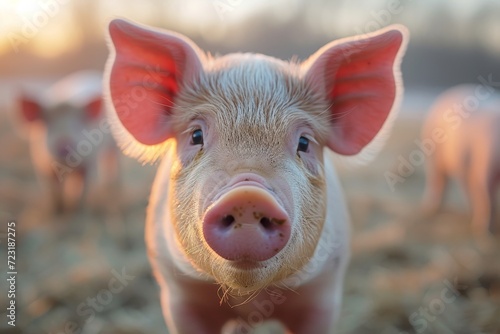 The domestic pig stands confidently on the ground, its snout glistening in the outdoor light, showcasing the beauty and resilience of this beloved mammal © Larisa AI