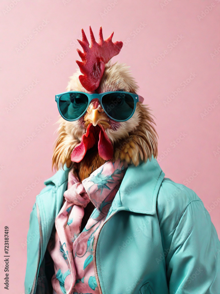 Fashionable rooster in sunglasses wearing a pink shirt and turquoise leather jacket on a pink background