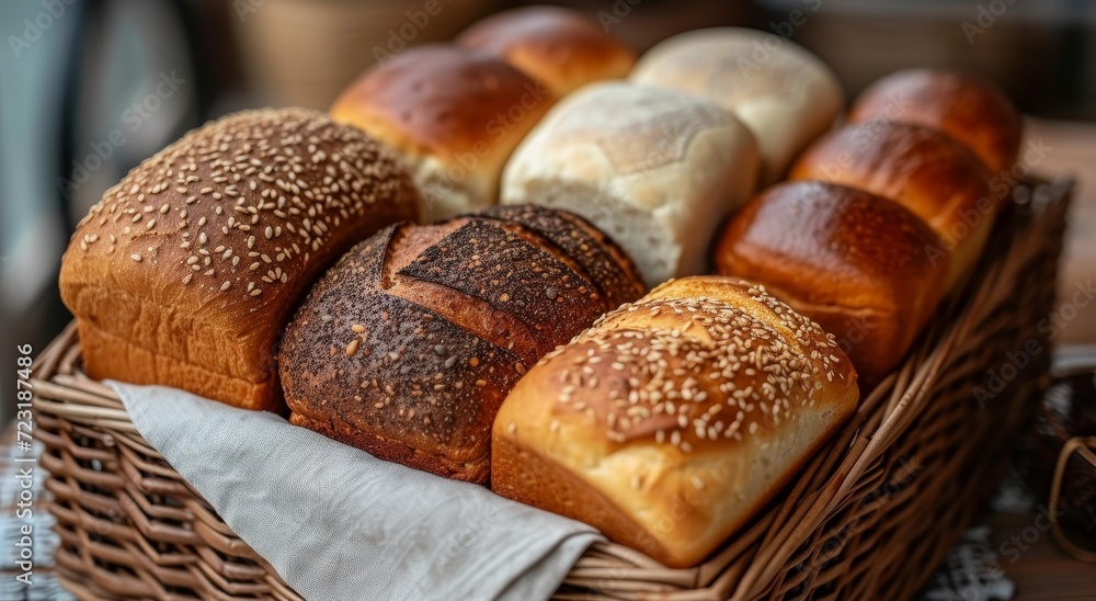 A rustic basket brimming with a variety of freshly baked loaves, each with their own unique texture and flavor, evoking feelings of warmth and comfort in the heart of any food lover A rustic basket brimming with a variety of freshly baked loaves, each with their own unique texture and flavor, evoking feelings of warmth and comfort in the heart of any food lover