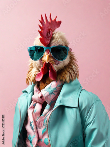 Obraz na płótnie Fashionable rooster in sunglasses wearing a pink shirt and turquoise leather jacket on a pink background w salonie