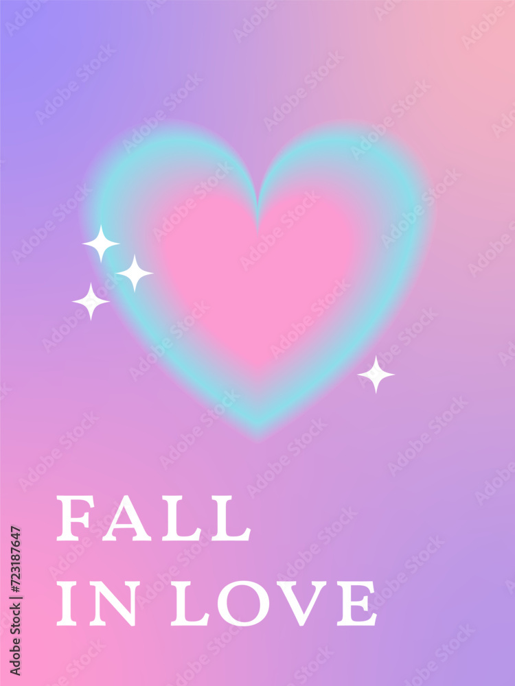 Fall in love concept illustration in retro style. Modern y2k romantic design for poster, banner. Blurry gradient heart with sparkles. Vector
