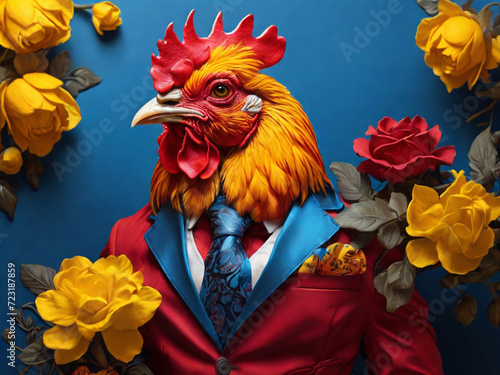 Obraz na płótnie A funny rooster with blue feathers in a multi-colored jacket, on a blue background with flowers. design for printing t-shirts, mugs, covers, etc. w salonie