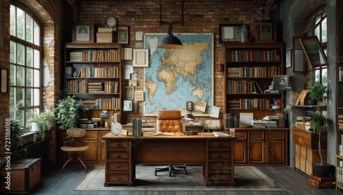 An intimate and cozy study space with rich cabinetry  a grand bookcase  and a vintage map framed by a charming window  inviting one to get lost in the pages of knowledge and imagination