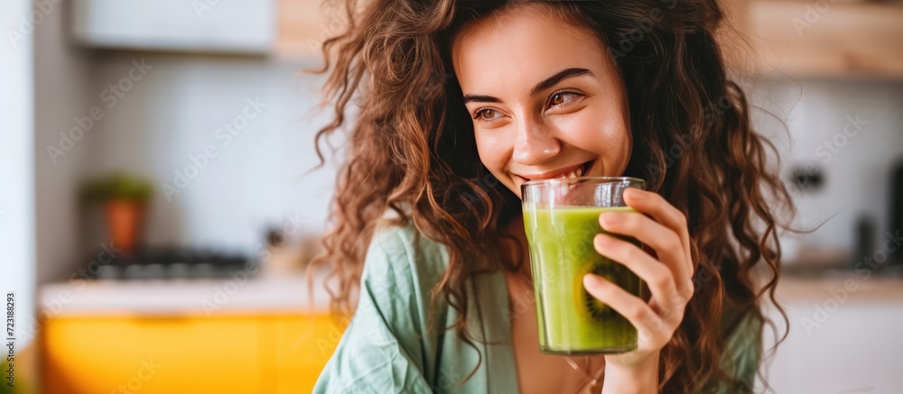 Happy young woman drinking a glass fresh green healthy smoothie at home. AI generated - obrazy, fototapety, plakaty 