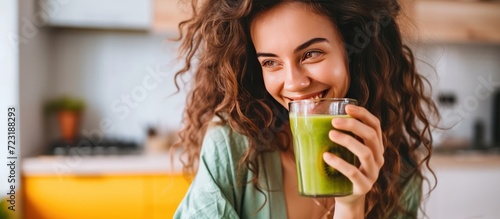 Happy young woman drinking a glass fresh green healthy smoothie at home. AI generated photo