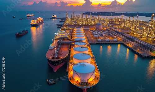 Aerial view oil terminal storage tank, White oil tank storage chemical petroleum petrochemical refinery product at oil terminal,  photo