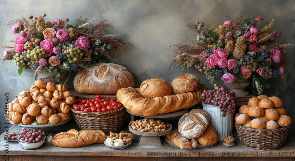 An inviting still life display of freshly baked bread and vibrant flowers in a rustic basket, showcasing the diversity of local food and the beauty of staple foods