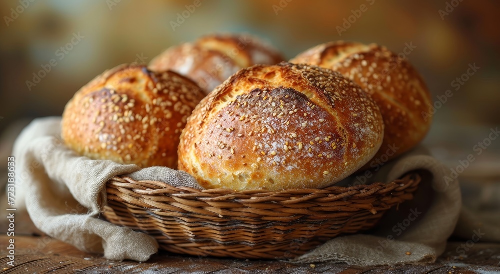 A rustic basket brimming with an array of freshly baked breads, each unique in flavor and texture, evoking feelings of warmth and nostalgia for the comforting staple food A rustic basket brimming with an array of freshly baked breads, each unique in flavor and texture, evoking feelings of warmth and nostalgia for the comforting staple food