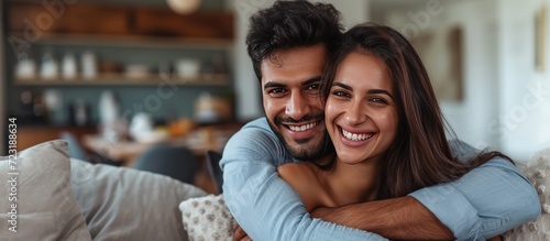 Happy couple mid adult indian man hug her latin woman at living room. AI generated image