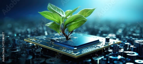 Illustration modern green plant growing on a computer circuit board. AI generated image