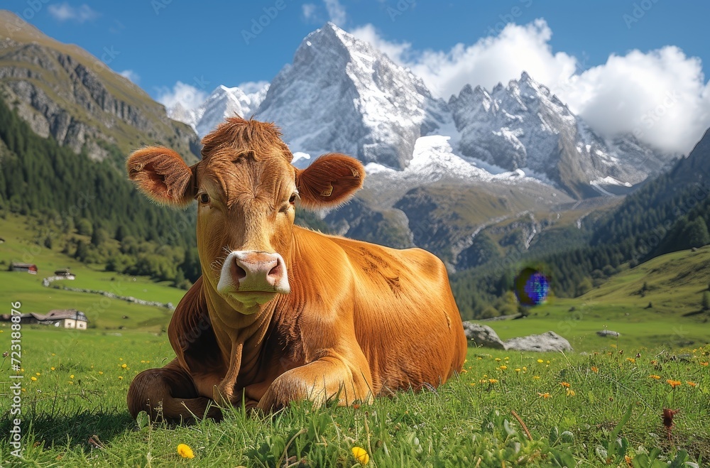 A peaceful dairy cow basks in the idyllic landscape of a vast grassy field, surrounded by majestic mountains and a vibrant blue sky