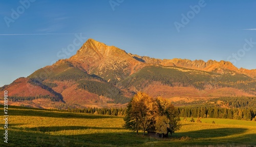 Picturesque landscape with small wooden log cabin on meadow on sunrise time. Beautiful nature landscape. Incredible autumn scenery. Krivan mountain in High Tatras, Slovakia, region Liptov. 