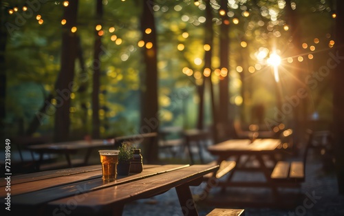 Outdoor cafe in forest spring beautiful bokeh light and shadows