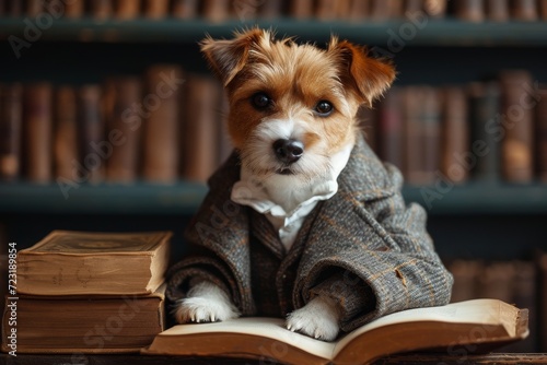 A sophisticated canine perched on a literary tome, exuding intellect and poise as he gazes out into the world from his cozy indoor shelf photo