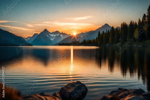 Peaceful sunset on lake with mountains in distance