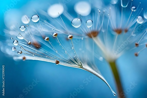 Beautiful dew drops on a dandelion seed macro. Beautiful soft blue background. Water drops on a parachutes dandelion. Copy space. soft focus on water droplets. circular shape  abstract background