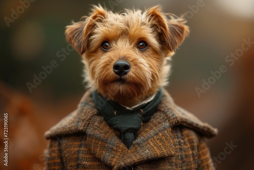 A fashionable brown terrier stands confidently in its outdoor coat, posing like a true puppy fashionista