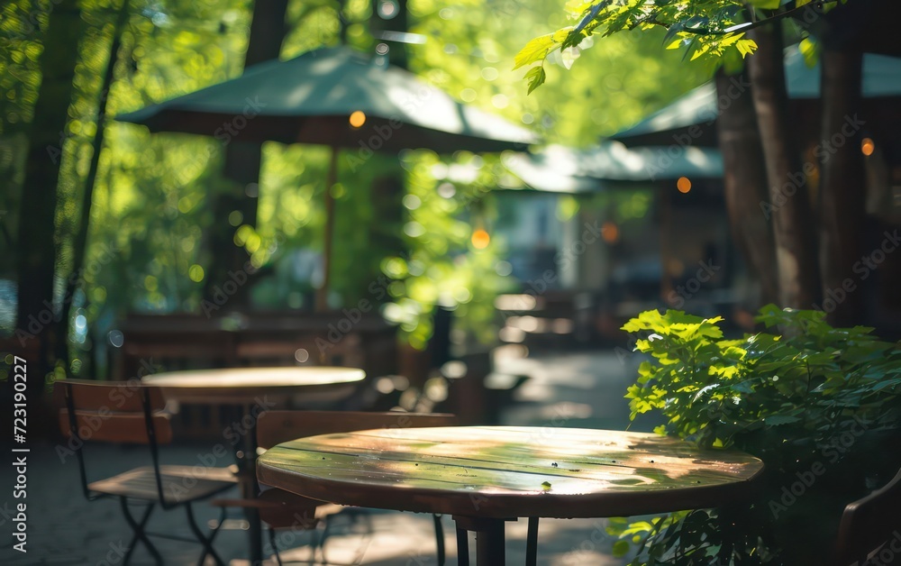 Outdoor cafe in forest spring beautiful bokeh light and shadows