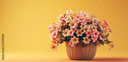 a wicker basket containing flower bouquets on a yello © Dolphine