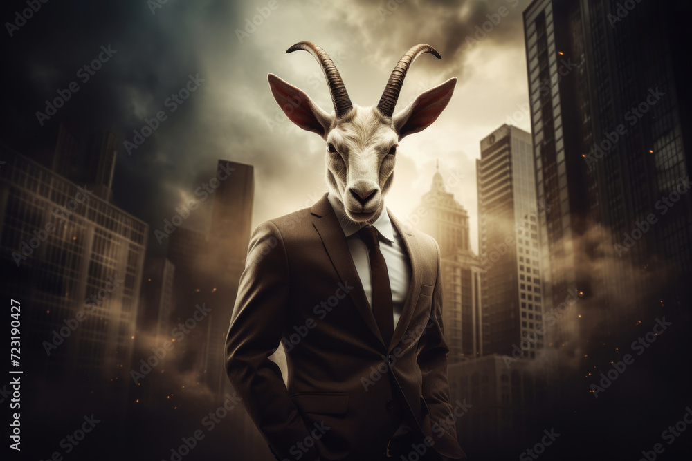 Anthropomorphic male goat dressed in a stylish suit exuding an air of authority and success on a backdrop of a moody cityscape with skyscrapers. Business finance concept - obrazy, fototapety, plakaty 