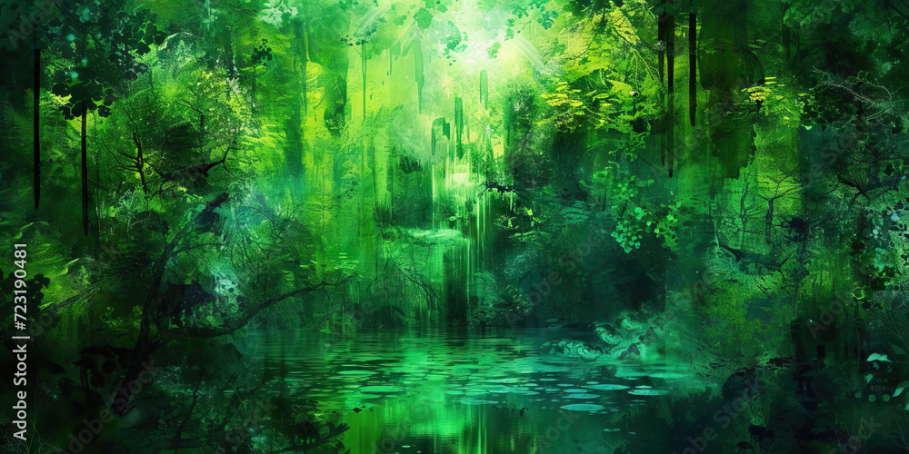Naklejka premium Emerald Enchantment in the Enchanted Forest: An Enchanting Fusion of Emerald Green in a Mystical Forest Setting