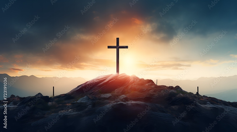 Solitary Cross on a Mountain Peak at Sunset