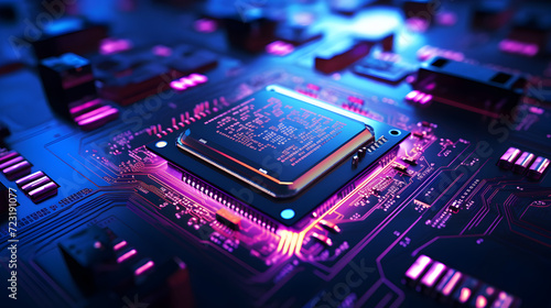 Futuristic computer and CPU chip of motherboard power or server machine technology for digital proc,, Technology background make up with cubes and lines, 3d rendering. Pro Photo 