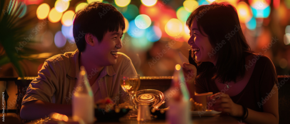 Couple sharing a joyful moment over dinner, enveloped in the vibrant lights of a bustling city Couple sharing a joyful moment over dinner, enveloped in the vibrant lights of a bustling city