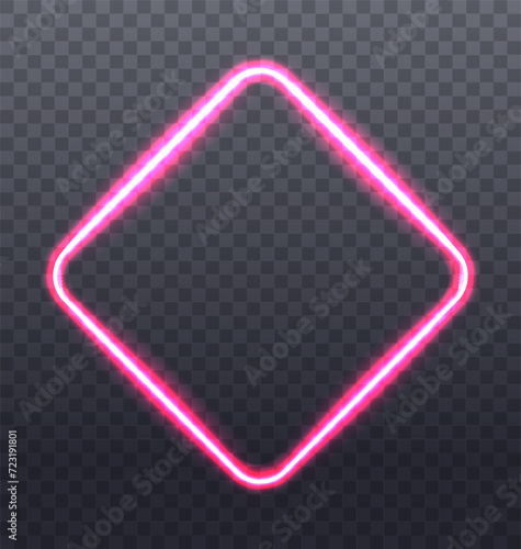 Pink neon rhombus frame on transparent background. Abstract glowing figure vector illustration