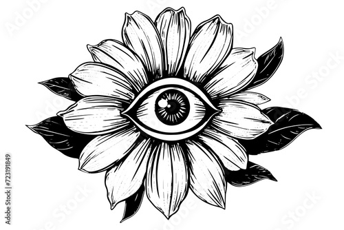 Flower with eye psychodelic vector illustration. Engraved style template photo
