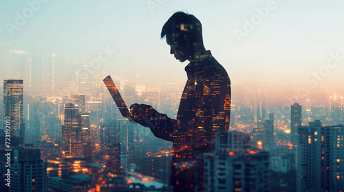 Silhouette of businessman holding laptop with cityscape in double exposure effect for business concept background. photo
