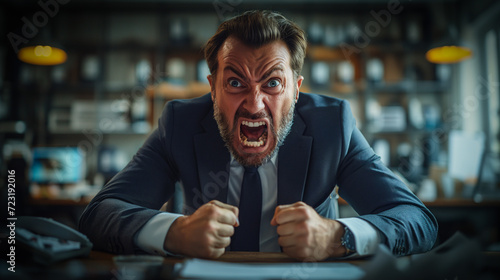 Angry senior businessman screaming and yelling on the desk in the office for business concept.