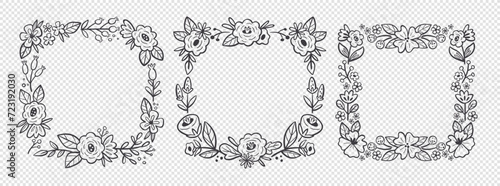 Cute Floral frames. Hand drawn botanical vector illustration. For greeting cards, wedding invitations, label design... Black and white floral decorative frames.