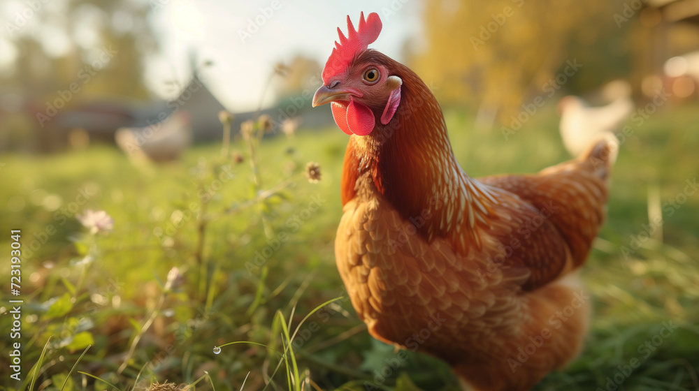 Fototapeta premium Chicken, farming and agriculture on grass, field or outdoor for free range eating, organic or sustainable farm. Poultry, birds or animal for protein, meat or pet in nature together for sustainability.