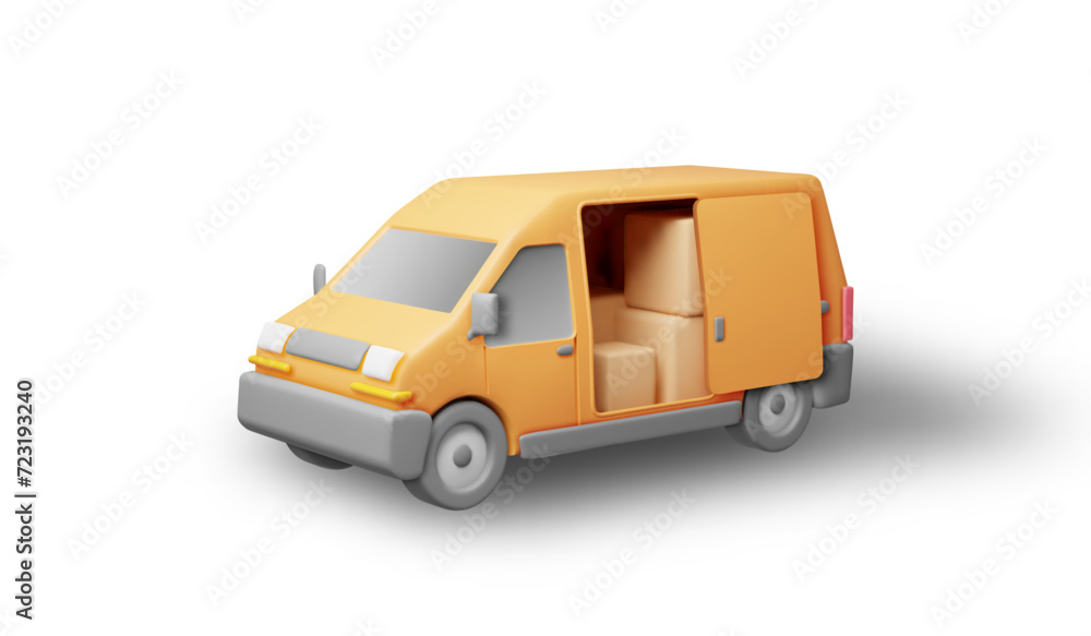 3D Delivery Van full of Cardboard Boxes Isolated. Render Express Delivering Services Commercial Truck. Concept of Fast and Free Delivery by Car. Cargo and Logistic. Realistic Vector Illustration