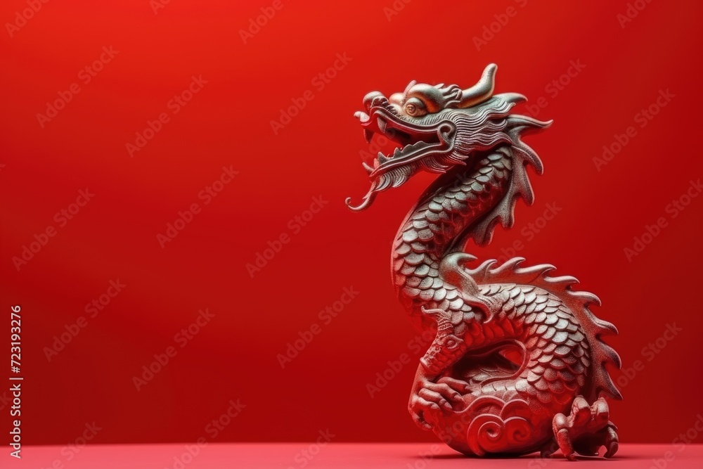 Grey dragon statue on a red background. Happy Chinese New Year with copy space