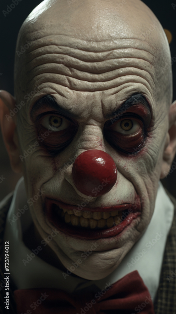 Scary evil bad clown on dark background. Looking straight forward Scary evil bad clown on dark background. Looking straight forward