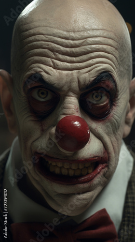 Scary evil bad clown on dark background. Looking straight forward