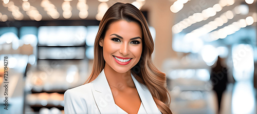 Portrait of an attractive blonde sales attendant in a blurred store background. Perfect for advertisement. photo
